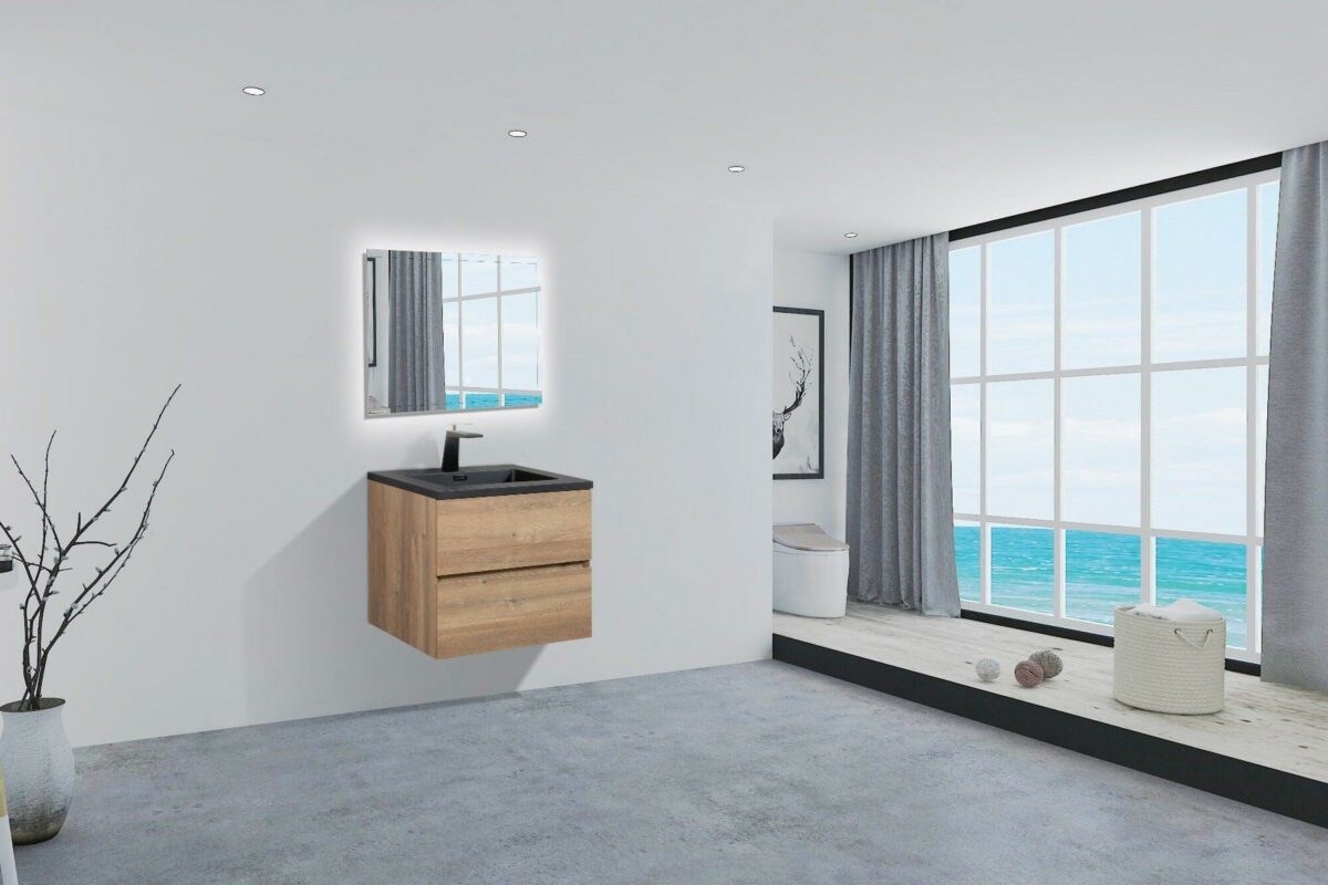24" Rough Oak Wall Mount Bathroom Vanity with Black Engineered Quartz Countertop Edge - Image 6