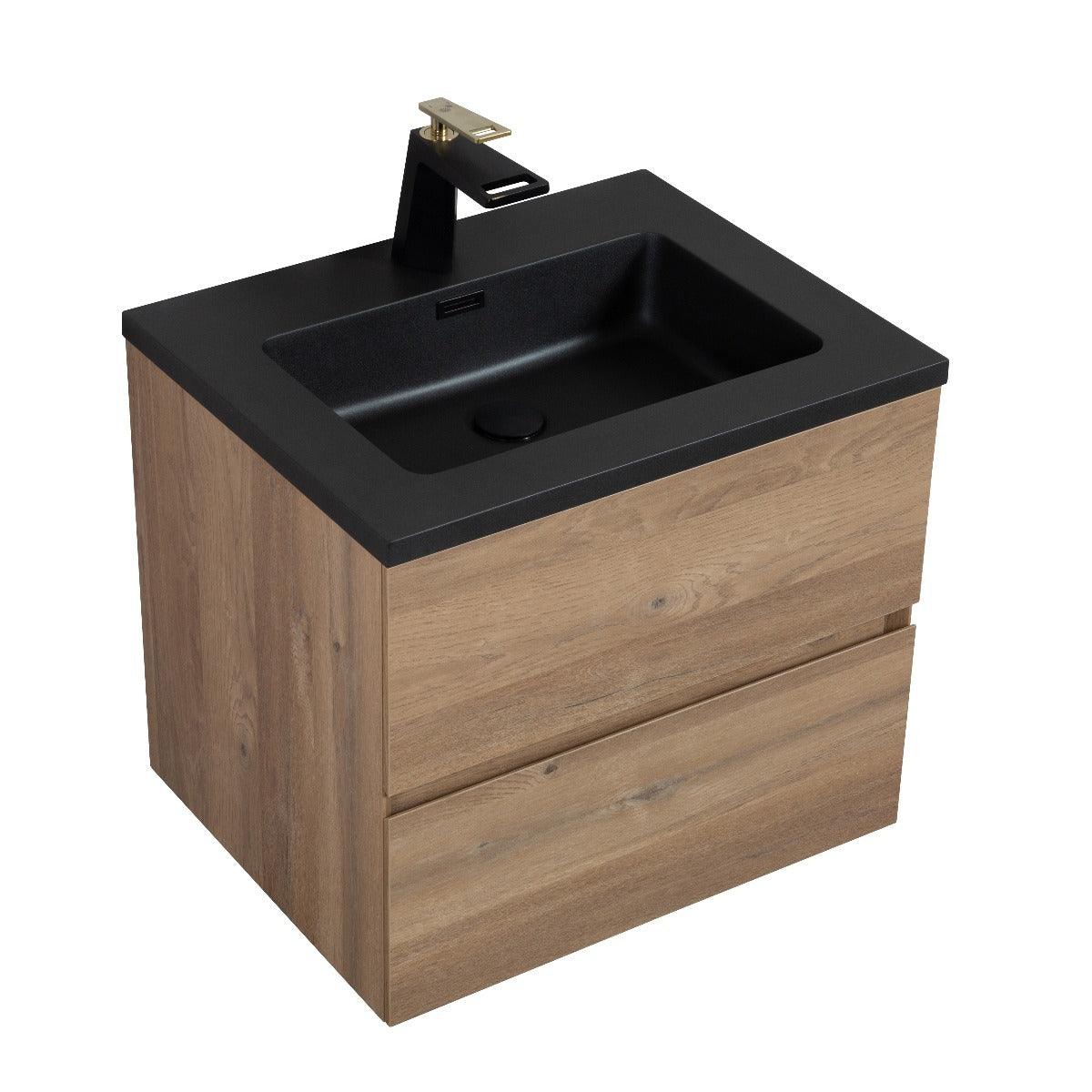 24" Rough Oak Wall Mount Bathroom Vanity with Black Engineered Quartz Countertop Edge - Image 2