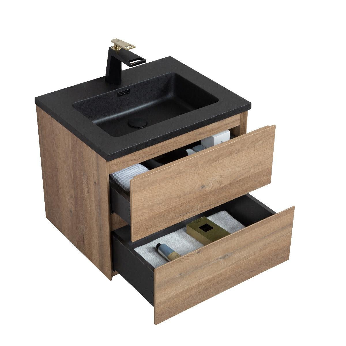 24" Rough Oak Wall Mount Bathroom Vanity with Black Engineered Quartz Countertop Edge - Image 4