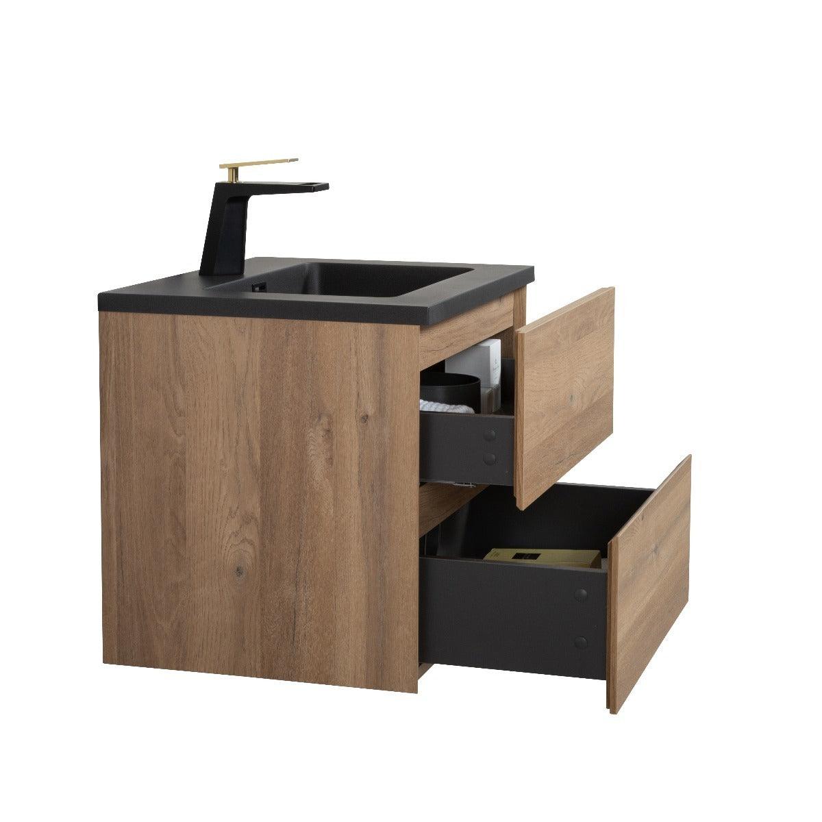 24" Rough Oak Wall Mount Bathroom Vanity with Black Engineered Quartz Countertop Edge - Image 5