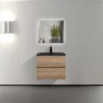 24" Rough Oak Wall Mount Bathroom Vanity with Black Engineered Quartz Countertop Edge