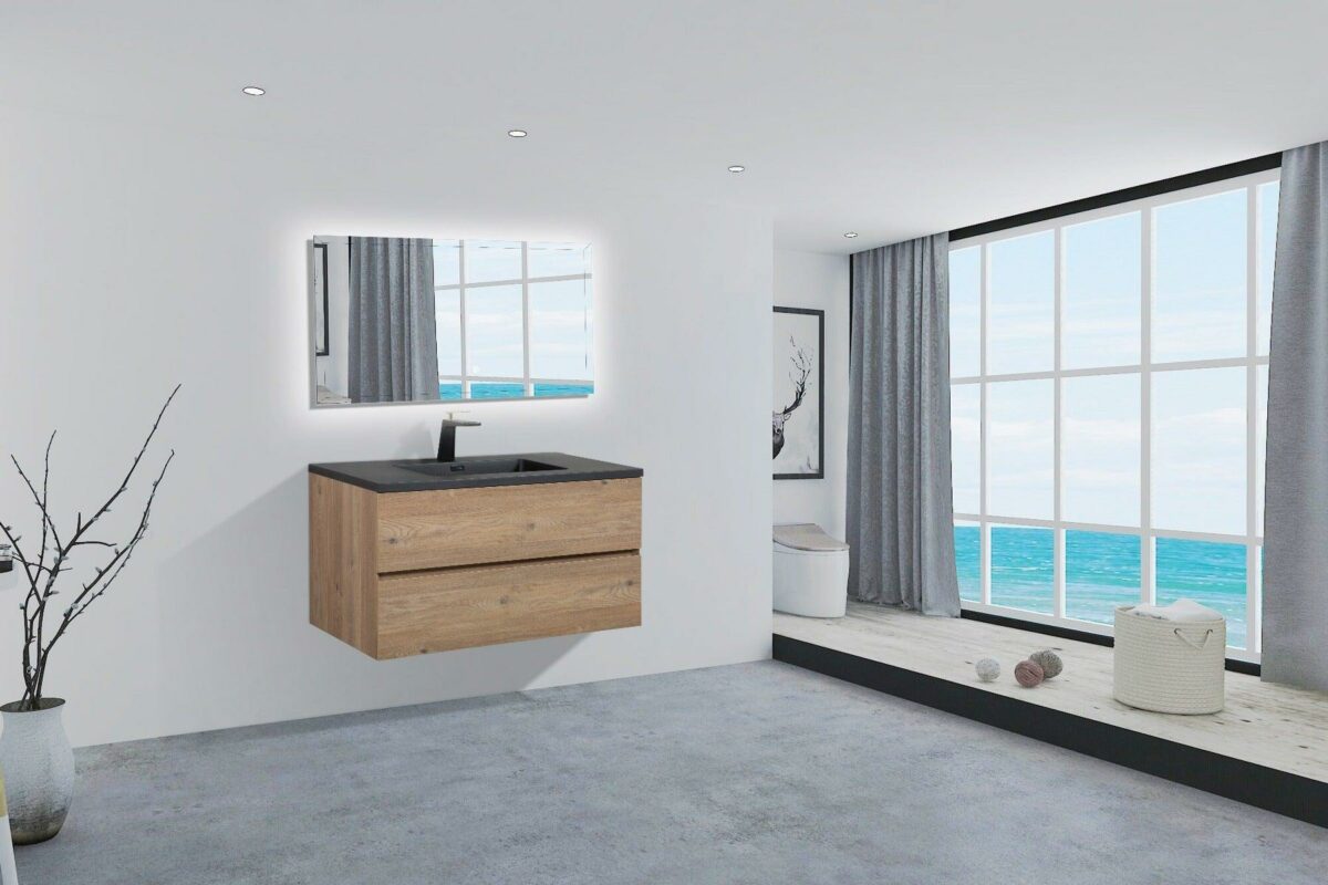 40" Rough Oak Wall Mount Bathroom Vanity with Black Engineered Quartz Countertop - Image 7