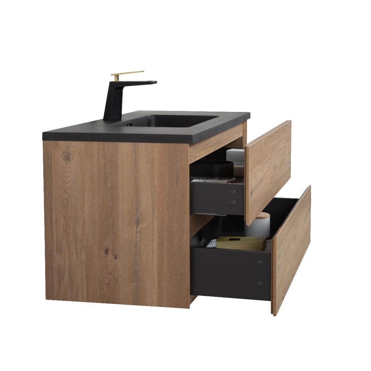 40" Rough Oak Wall Mount Bathroom Vanity with Black Engineered Quartz Countertop - Image 5