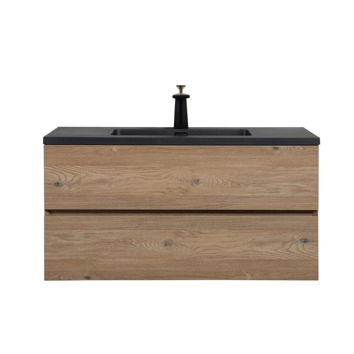 40" Rough Oak Wall Mount Bathroom Vanity with Black Engineered Quartz Countertop - Image 3