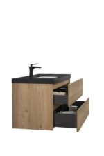 40" Rough Oak Wall Mount Bathroom Vanity with Black Polymarble Countertop Edge - Image 3