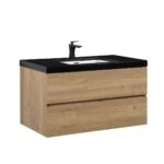 40" Rough Oak Wall Mount Bathroom Vanity with Black Polymarble Countertop Edge - Image 2
