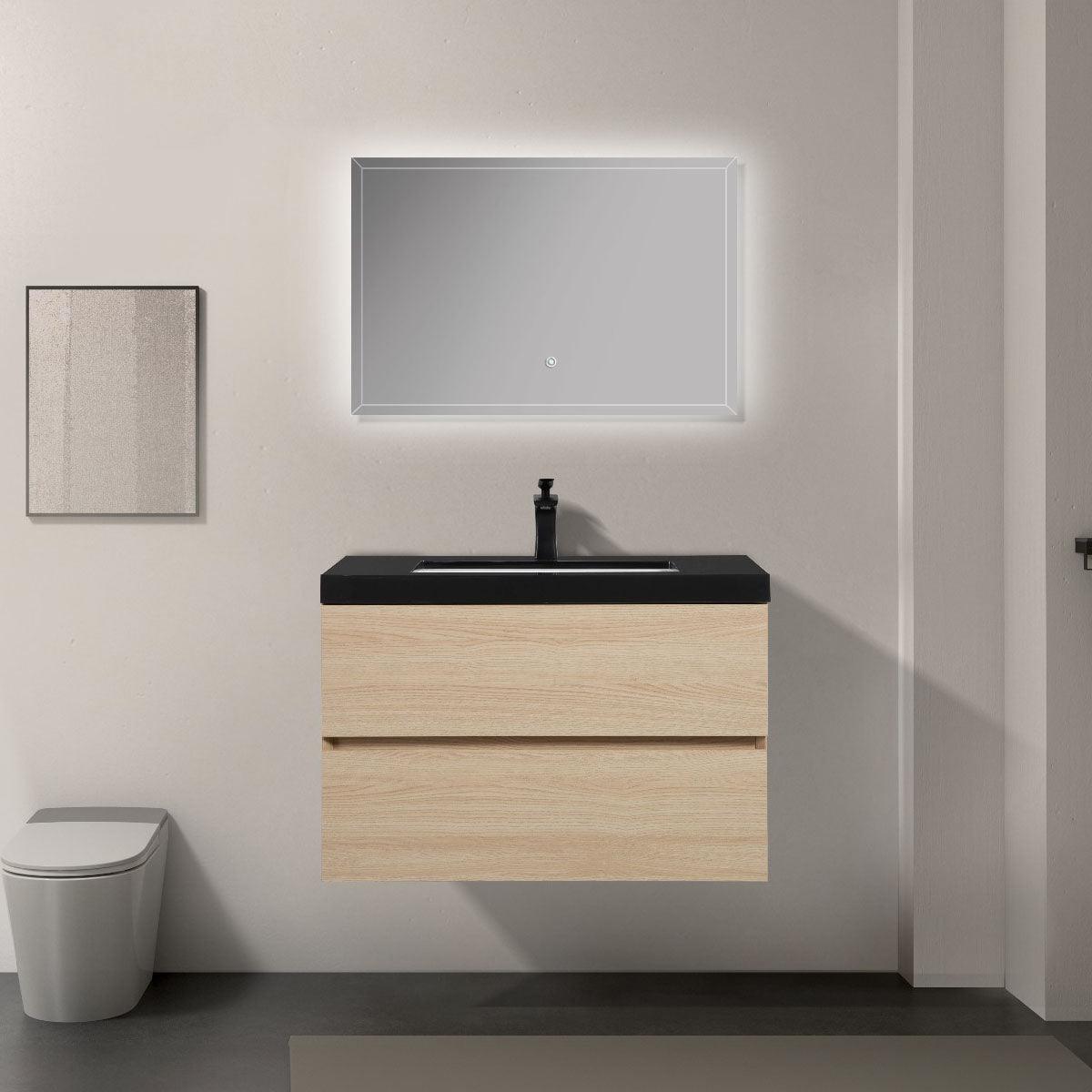 32" Wheat Wall Mount Single Sink Bathroom Vanity with Black Polymarble Countertop – Image 1