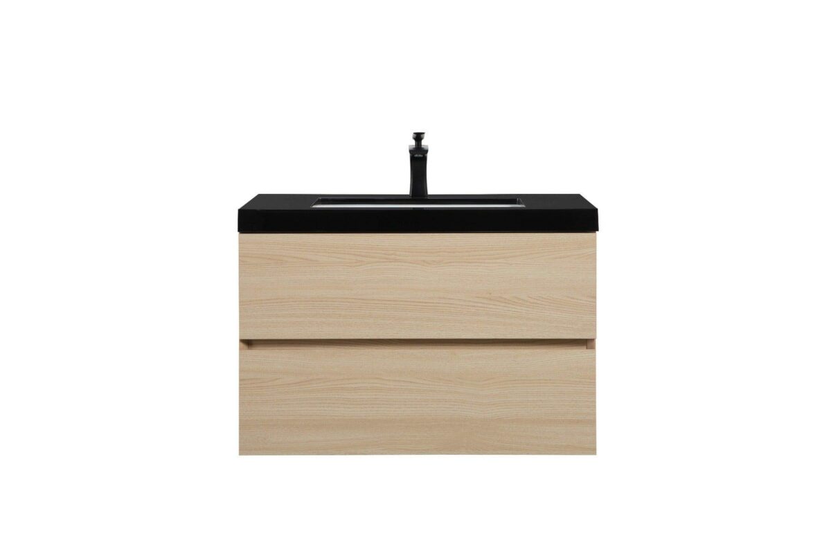 32" Wheat Wall Mount Single Sink Bathroom Vanity with Black Polymarble Countertop – Image 7