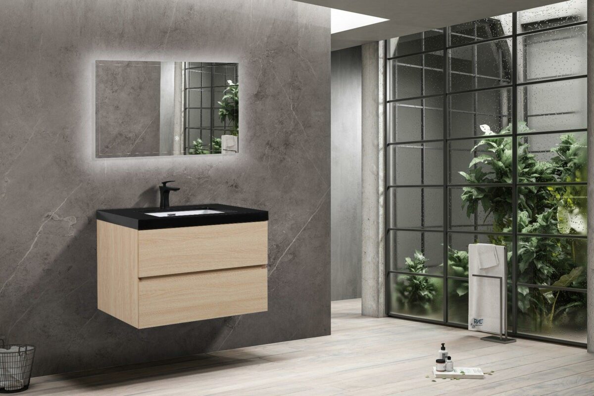 32" Wheat Wall Mount Single Sink Bathroom Vanity with Black Polymarble Countertop – Image 6
