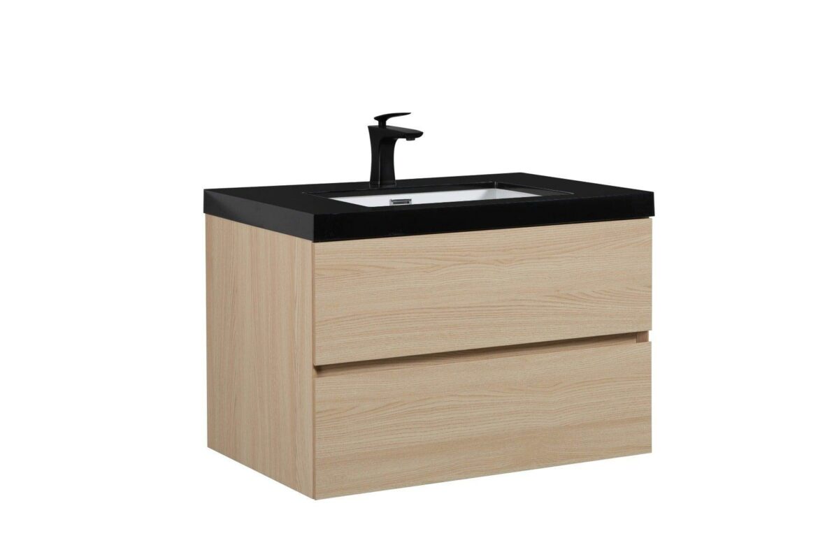 32" Wheat Wall Mount Single Sink Bathroom Vanity with Black Polymarble Countertop – Image 3