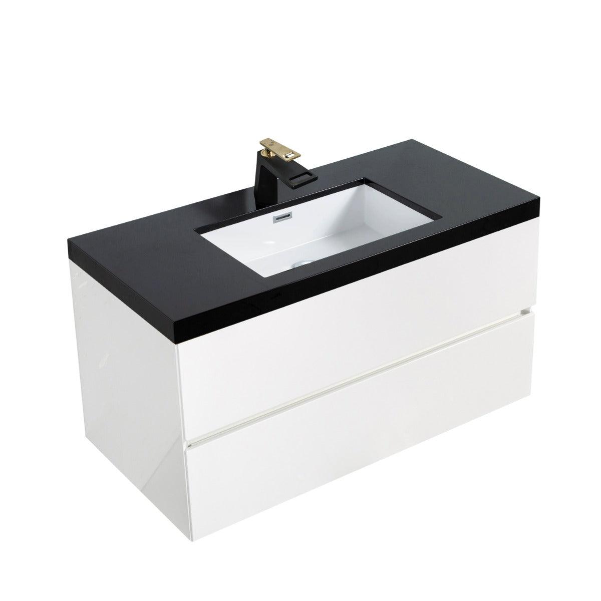 40" White Wall Mount Bathroom Vanity with Black Polymarble Countertop with White Sink - Image 2