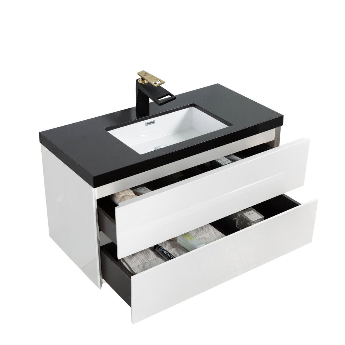 40" White Wall Mount Bathroom Vanity with Black Polymarble Countertop with White Sink - Image 3