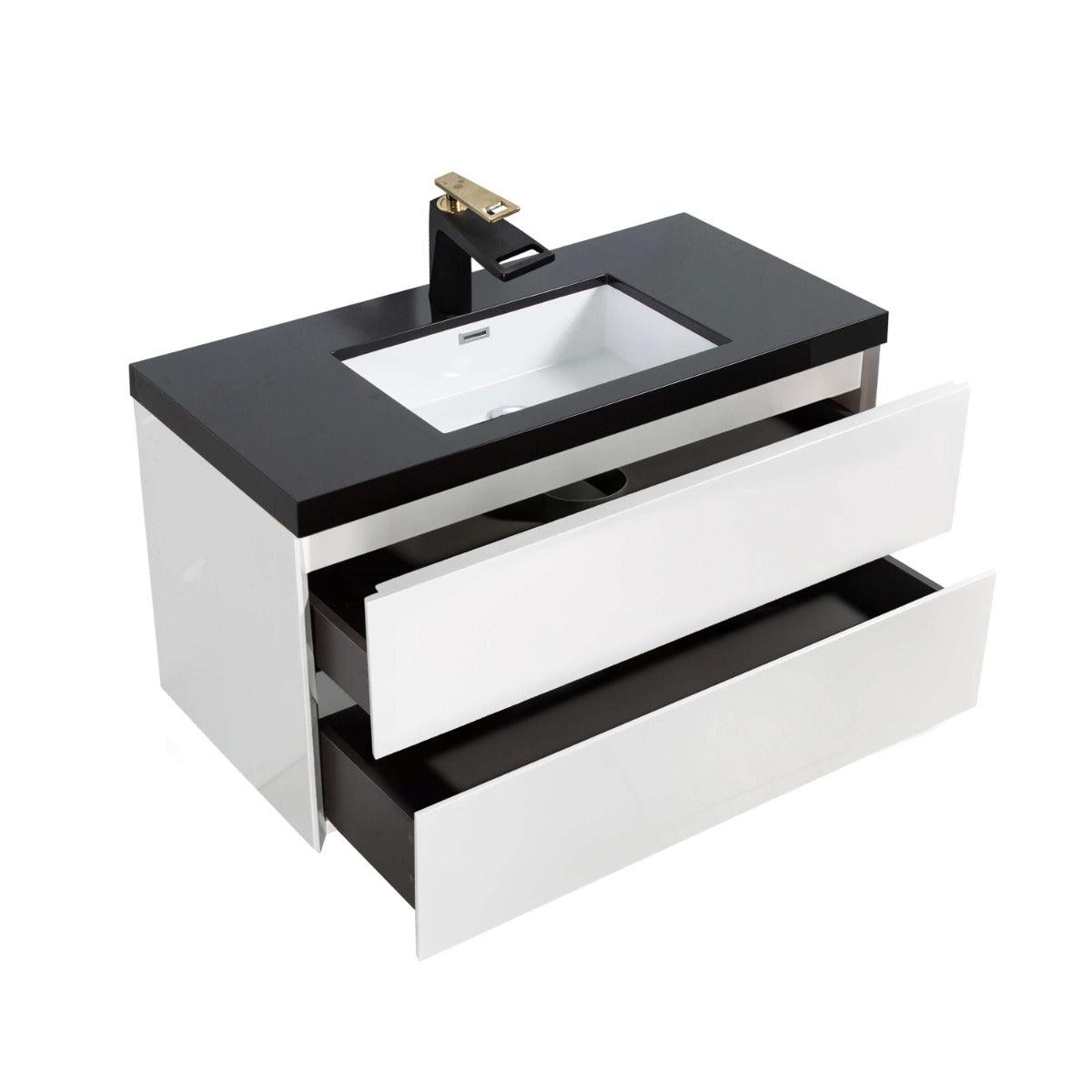 40" White Wall Mount Bathroom Vanity with Black Polymarble Countertop with White Sink - Image 4