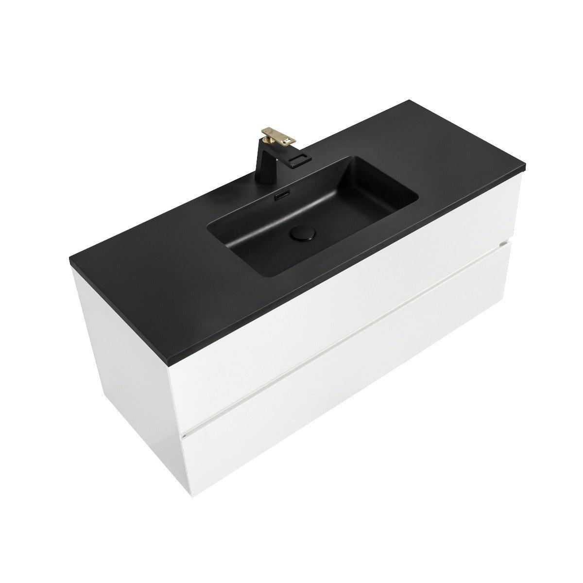 48" White Wall Mount Single Sink Bathroom Vanity with Black Engineered Quartz Countertop - Image 2
