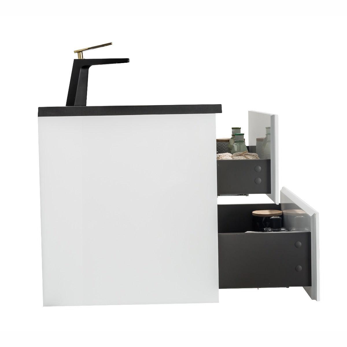 48" White Wall Mount Single Sink Bathroom Vanity with Black Engineered Quartz Countertop - Image 5