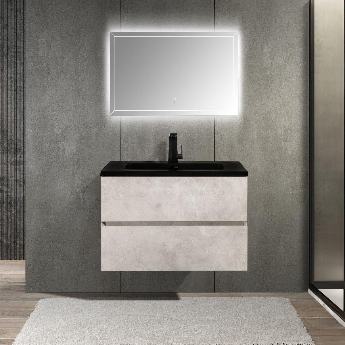 30" Grey Wall Mount Bathroom Vanity with Black Engineered Quartz Countertop – Image 1