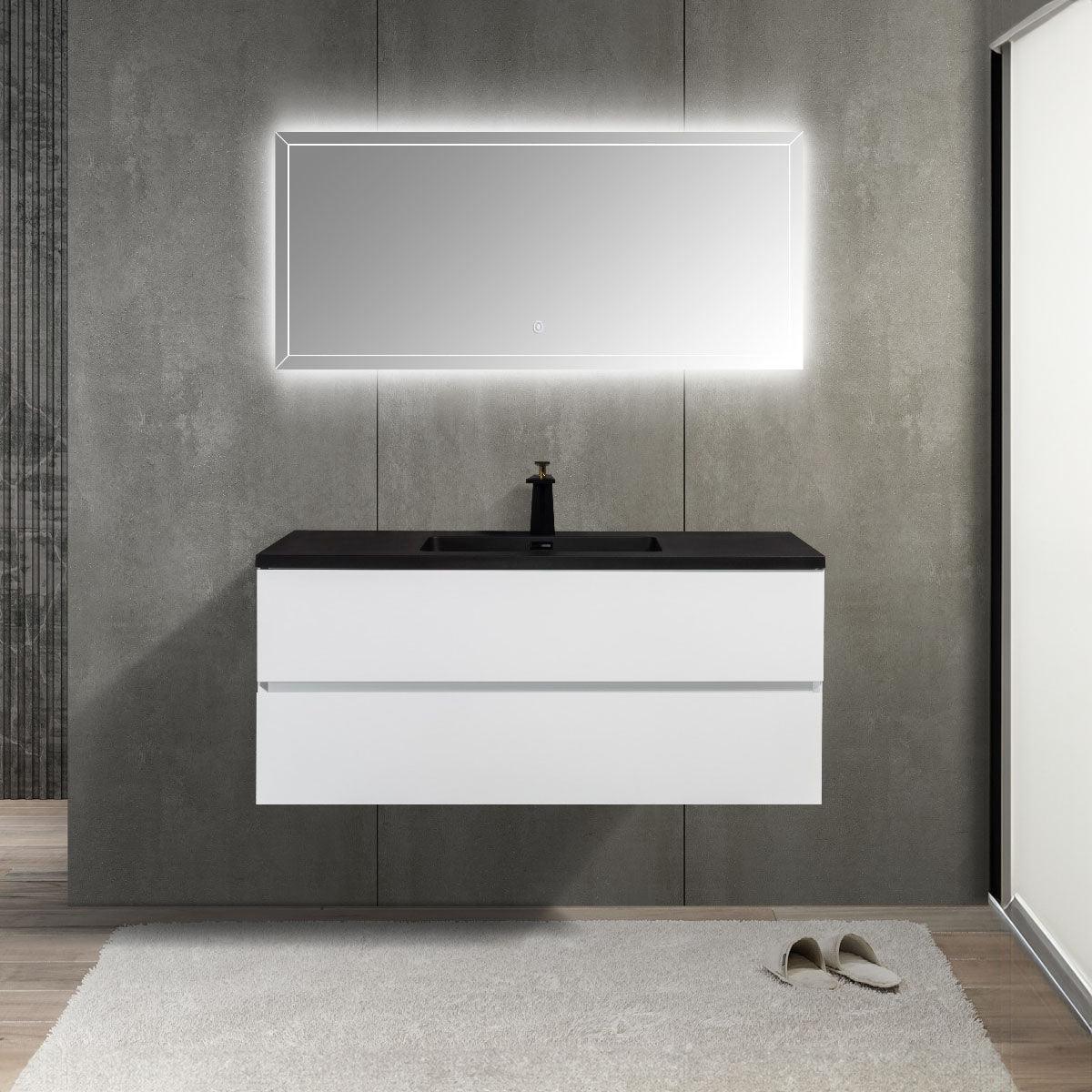 48" White Wall Mount Single Sink Bathroom Vanity with Black Engineered Quartz Countertop – Image 1