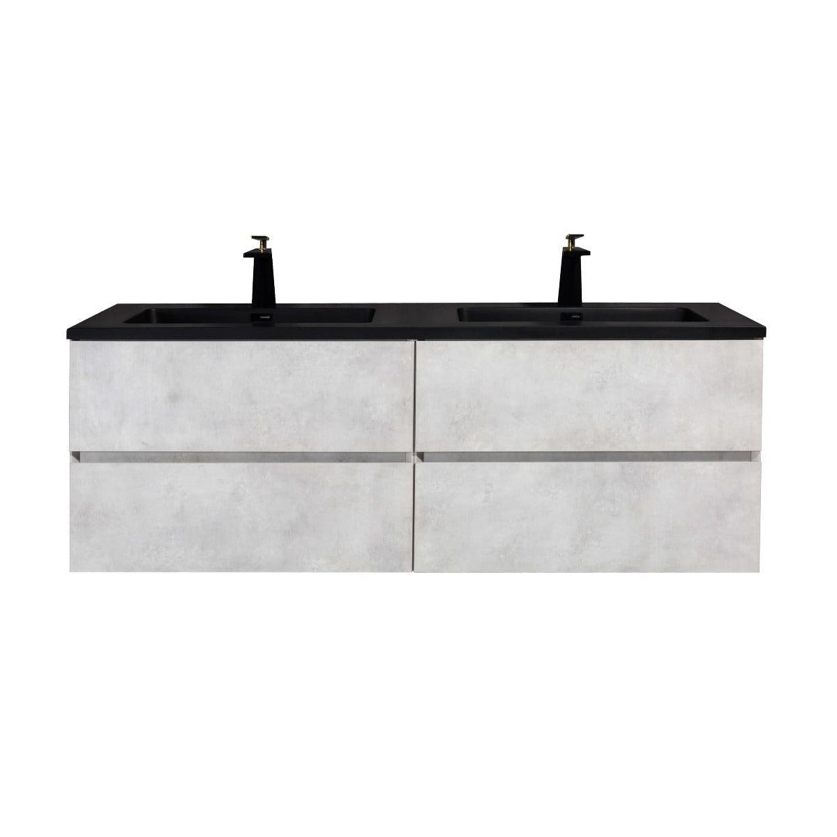 60" Grey Wall Mount Double Sink Bathroom Vanity with Black Engineered Quartz Countertop - Image 2