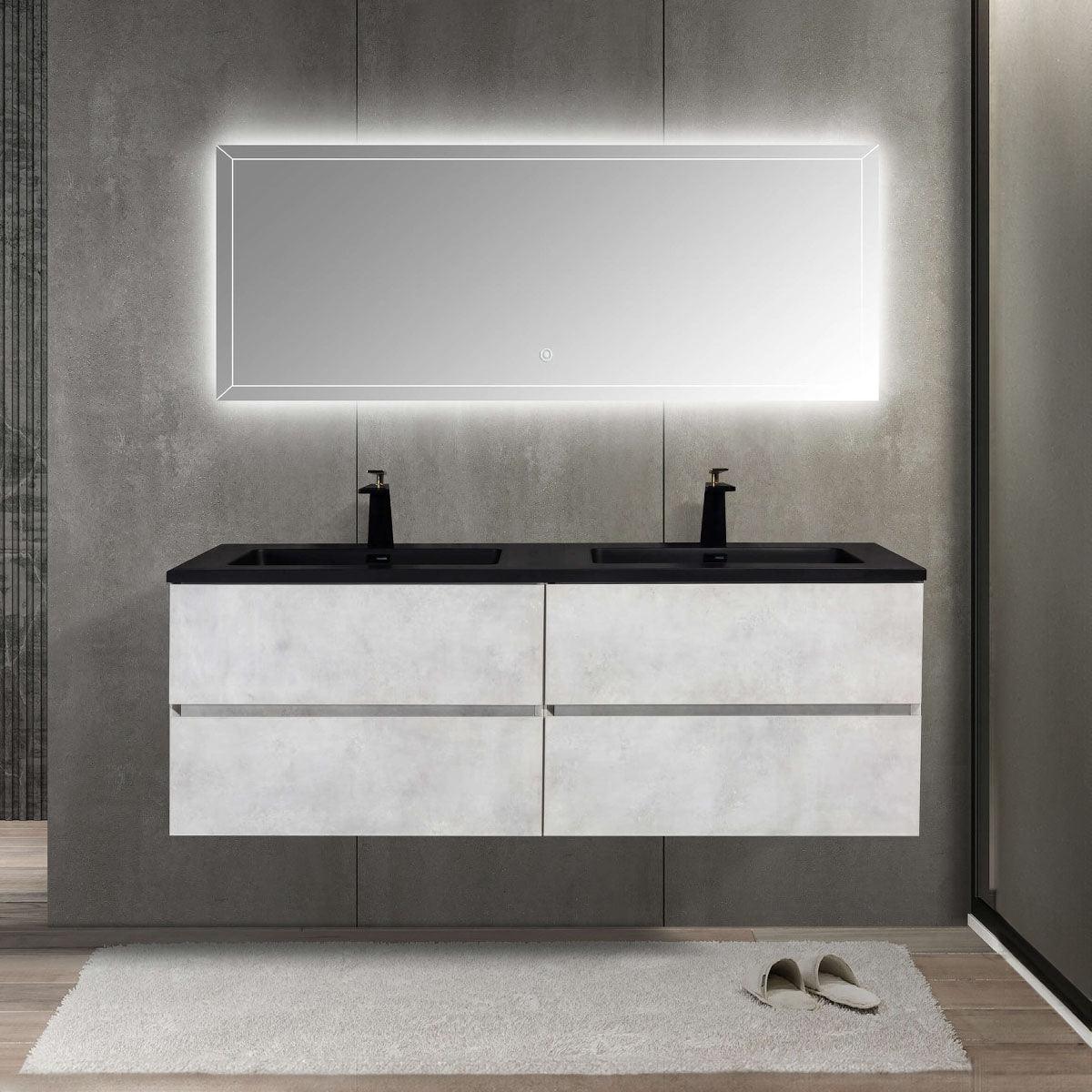 60" Grey Wall Mount Double Sink Bathroom Vanity with Black Engineered Quartz Countertop – Image 1