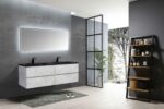 60" Grey Wall Mount Double Sink Bathroom Vanity with Black Engineered Quartz Countertop - Image 7