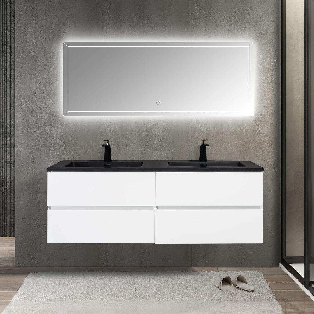 60" White Wall Mount Double Sink Bathroom Vanity with Black Engineered Quartz Countertop – Image 1