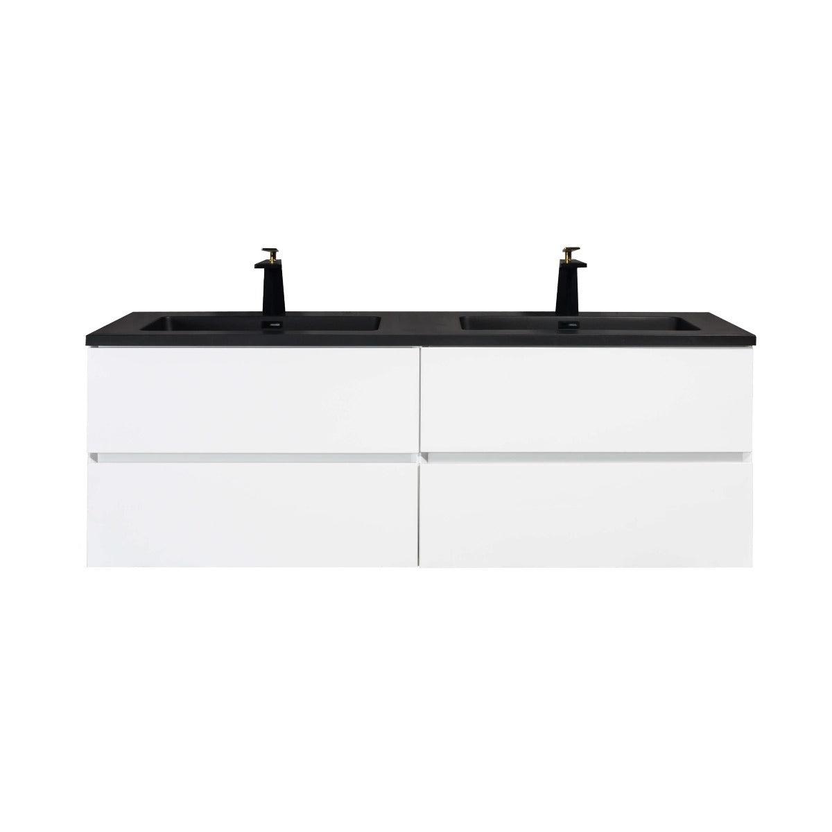 60" White Wall Mount Double Sink Bathroom Vanity with Black Engineered Quartz Countertop - Image 2