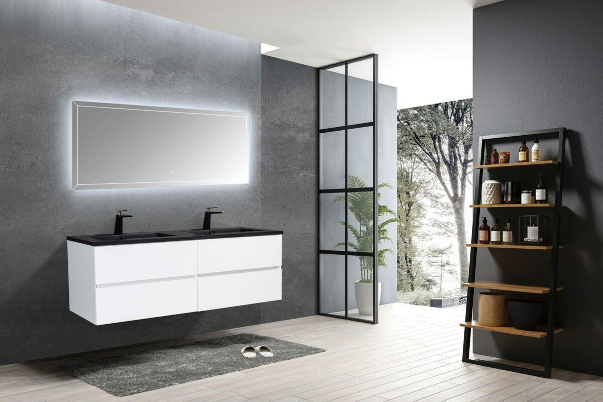 60" White Wall Mount Double Sink Bathroom Vanity with Black Engineered Quartz Countertop - Image 7