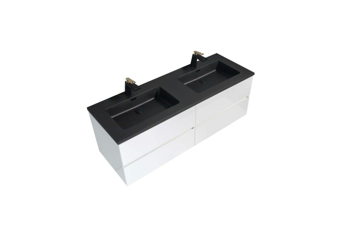 60" White Wall Mount Double Sink Bathroom Vanity with Black Engineered Quartz Countertop - Image 4