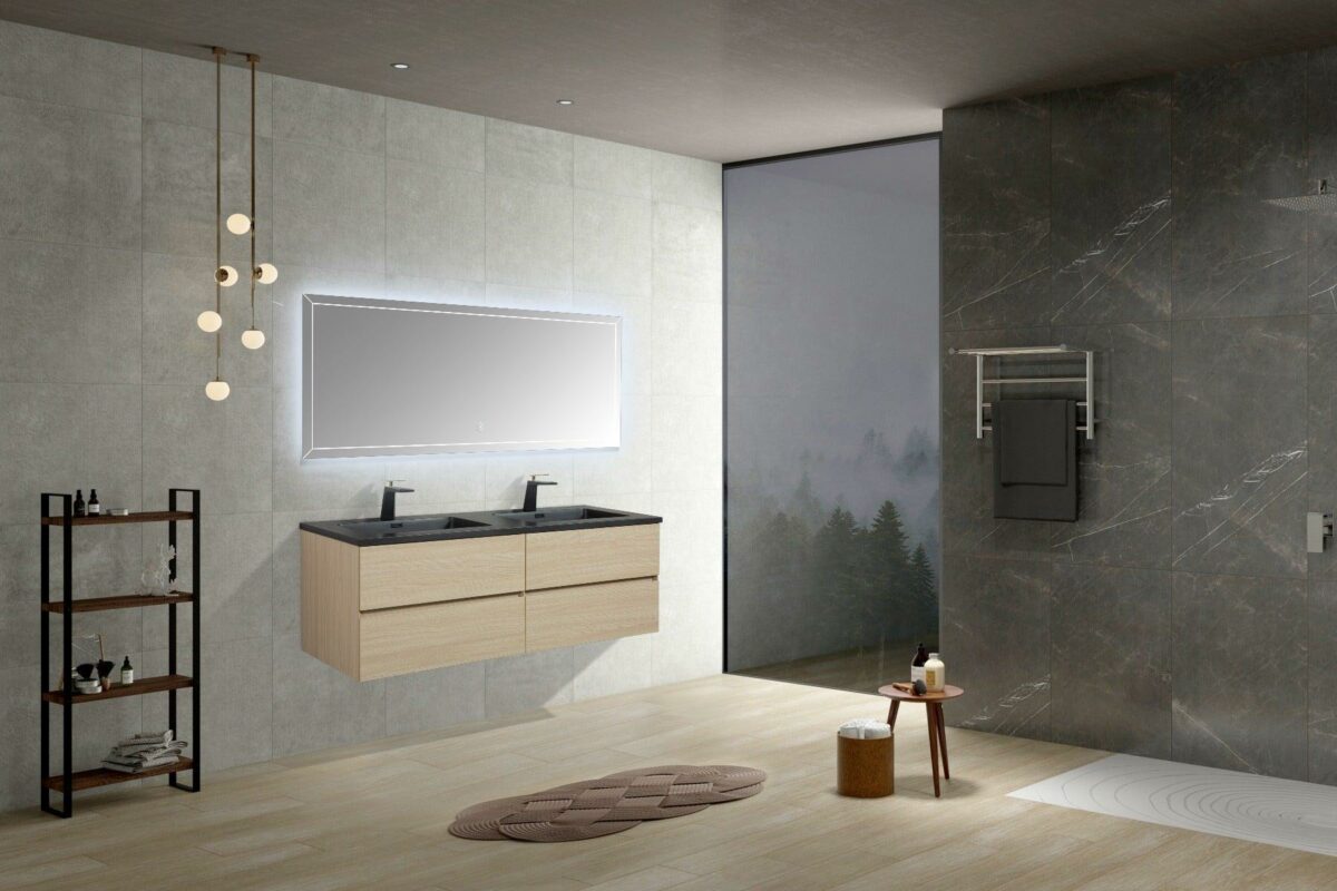 60" Wheat Wall Mount Double Sink Bathroom Vanity with Black Engineered Quartz Countertop – Image 3