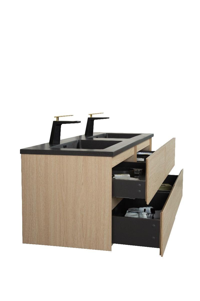 60" Wheat Wall Mount Double Sink Bathroom Vanity with Black Engineered Quartz Countertop – Image 6