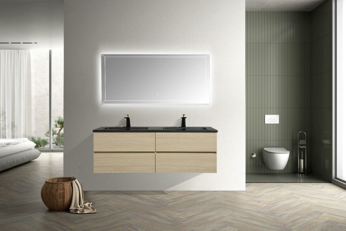 60" Wheat Wall Mount Double Sink Bathroom Vanity with Black Engineered Quartz Countertop – Image 7