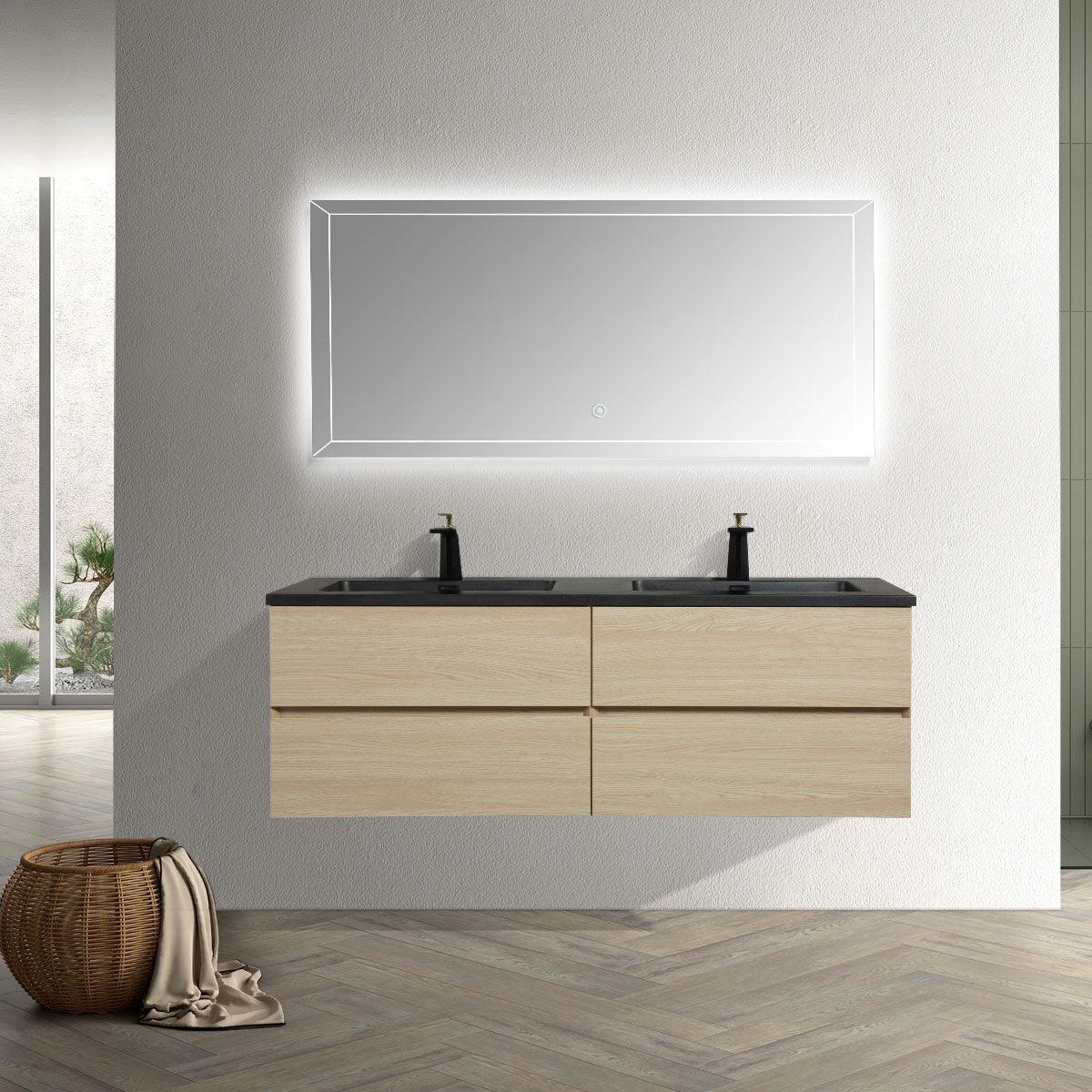 60" Wheat Wall Mount Double Sink Bathroom Vanity with Black Engineered Quartz Countertop – Image 1