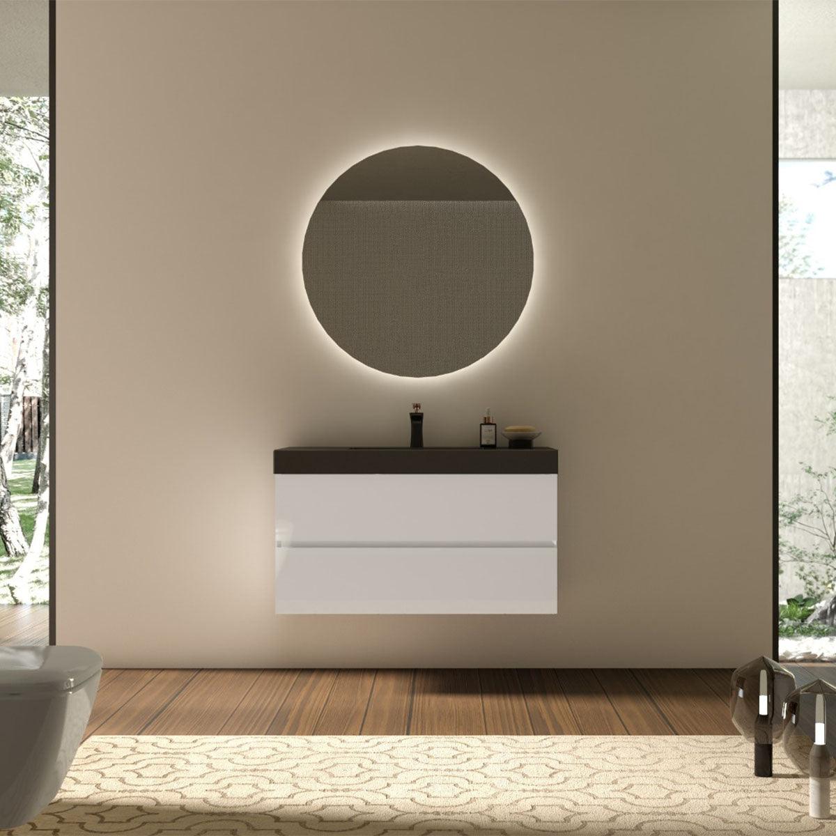 40" White Wall Mount Bathroom Vanity with Black Polymarble Countertop with White Sink – Image 1