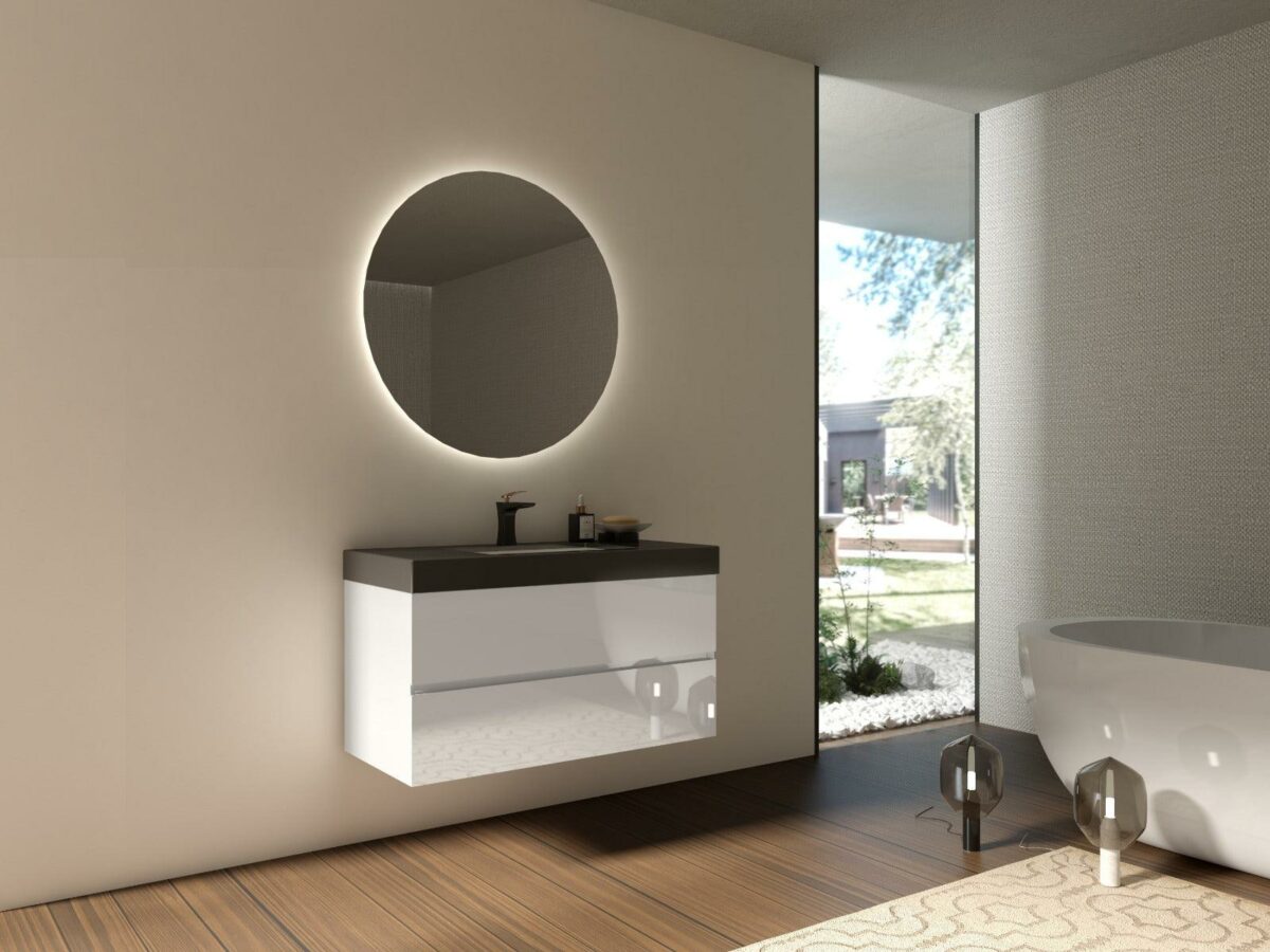 40" White Wall Mount Bathroom Vanity with Black Polymarble Countertop with White Sink - Image 6