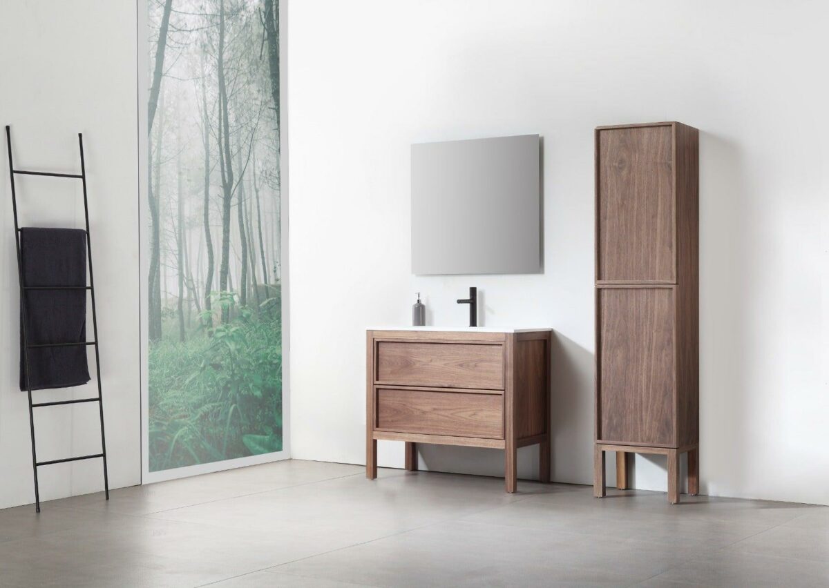 42" Natural Walnut Freestanding Bathroom Vanity with White Solid Surface Countertop Vista - Image 9