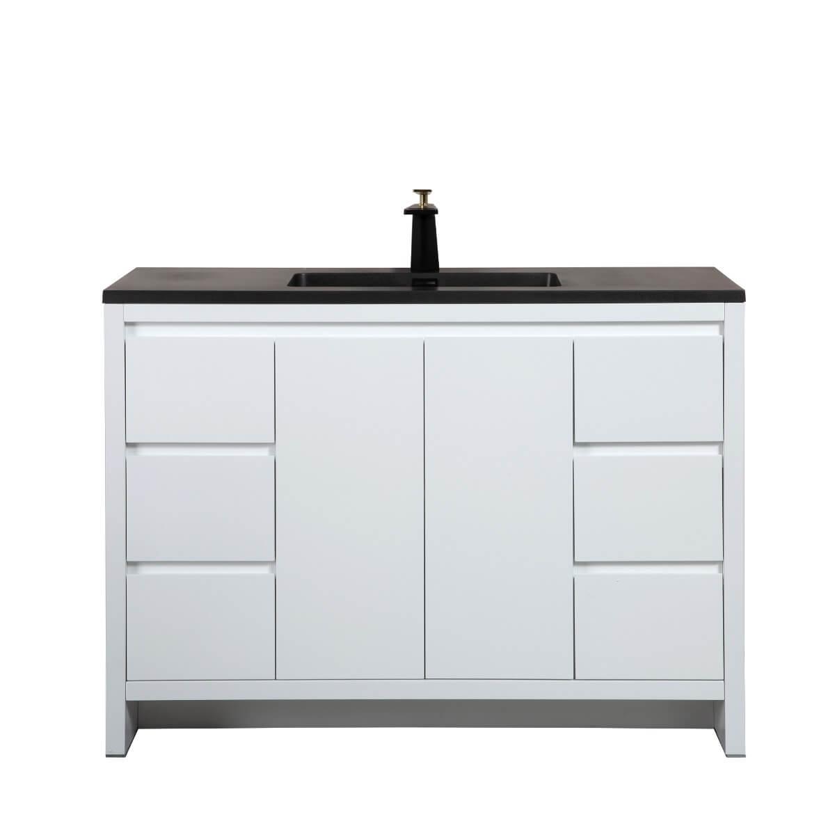 48" Glossy White Freestanding Bathroom Vanity with Black Engineered Quartz Countertop – Image 3