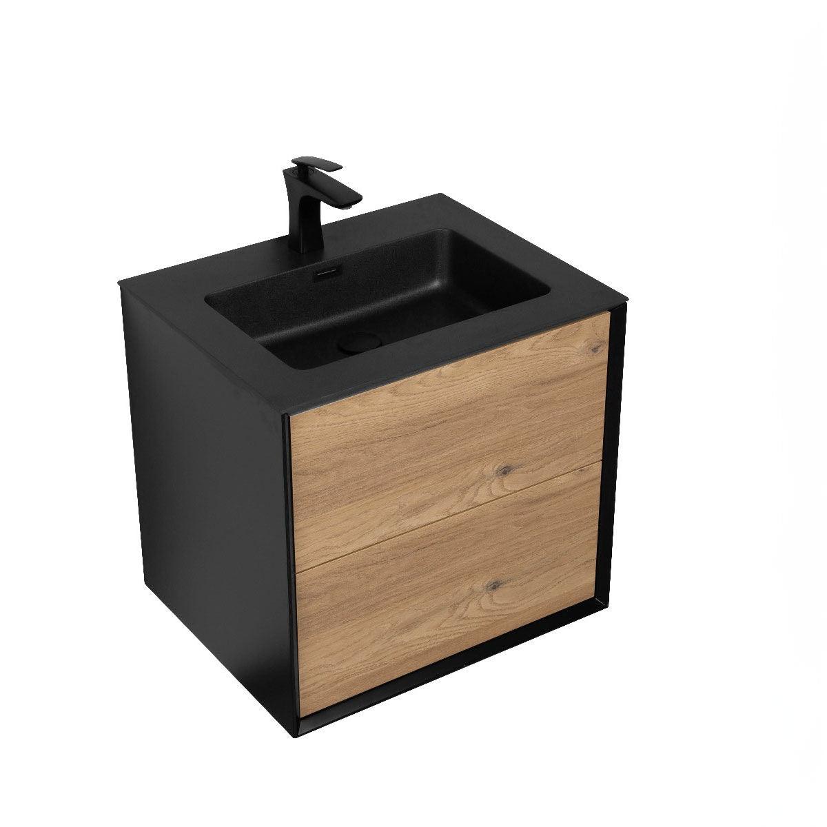 24" Black & Rough Oak Wall Mount Bathroom Vanity with Black Engineered Quartz Countertop – Image 2