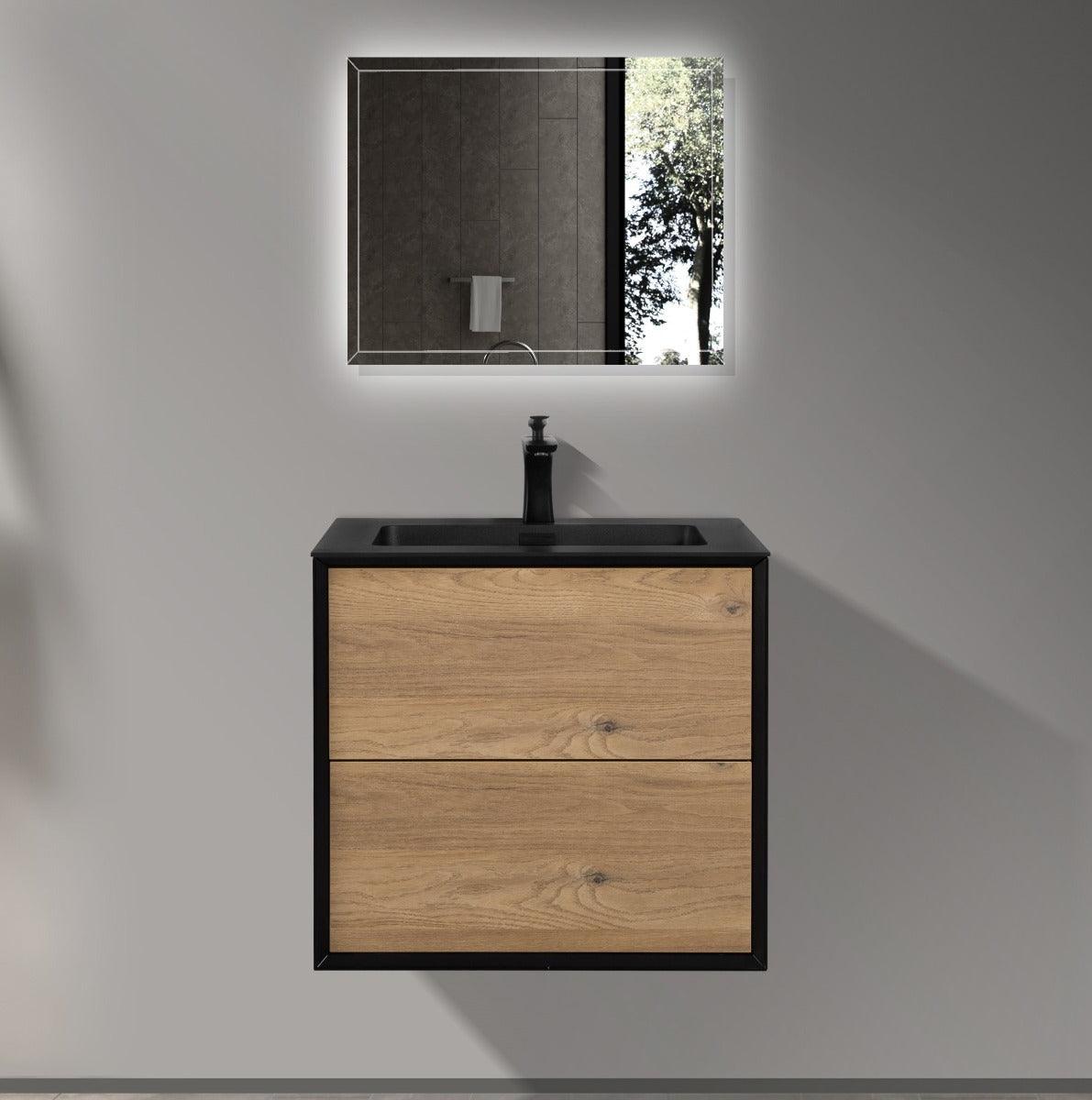 24" Black & Rough Oak Wall Mount Bathroom Vanity with Black Engineered Quartz Countertop - Image 1