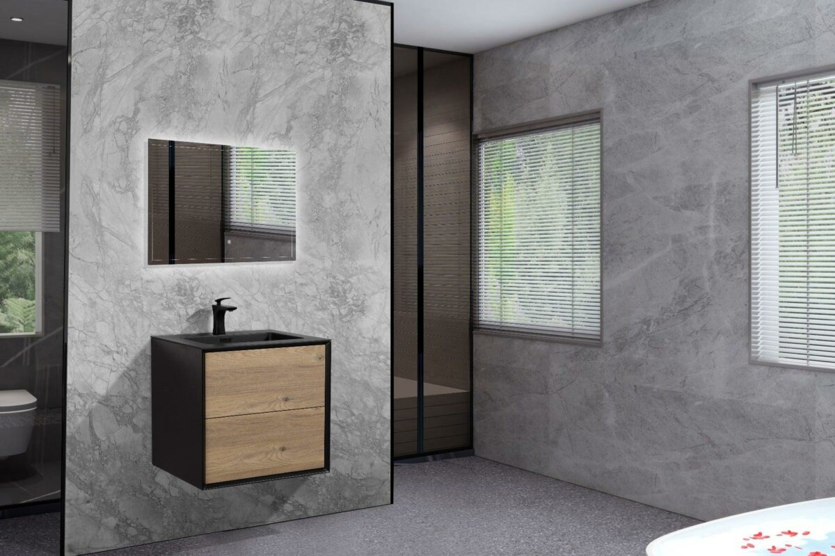 24" Black & Rough Oak Wall Mount Bathroom Vanity with Black Engineered Quartz Countertop - Image 6