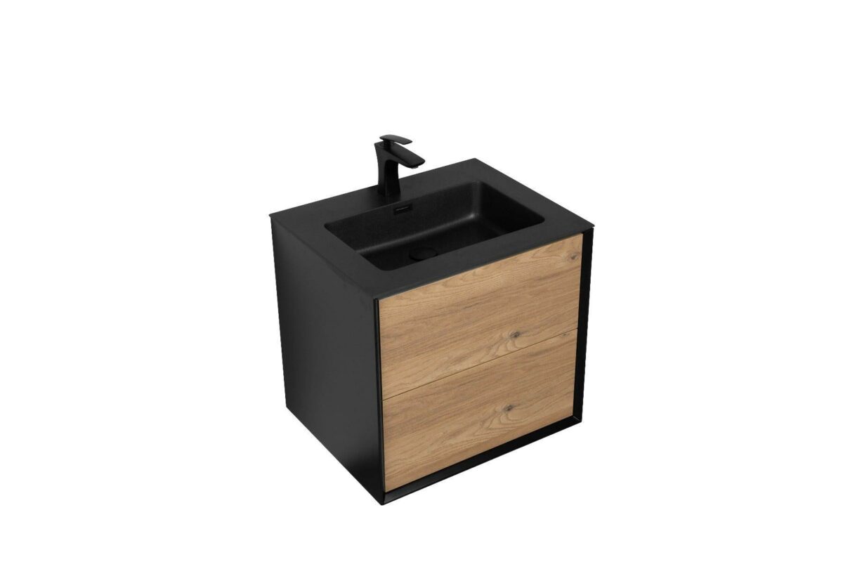 24" Black & Rough Oak Wall Mount Bathroom Vanity with Black Engineered Quartz Countertop - Image 4