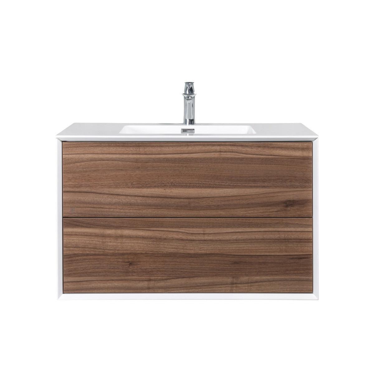 36" Walnut Wall Mount Vanity with White Polymarble Countertop - Image 2