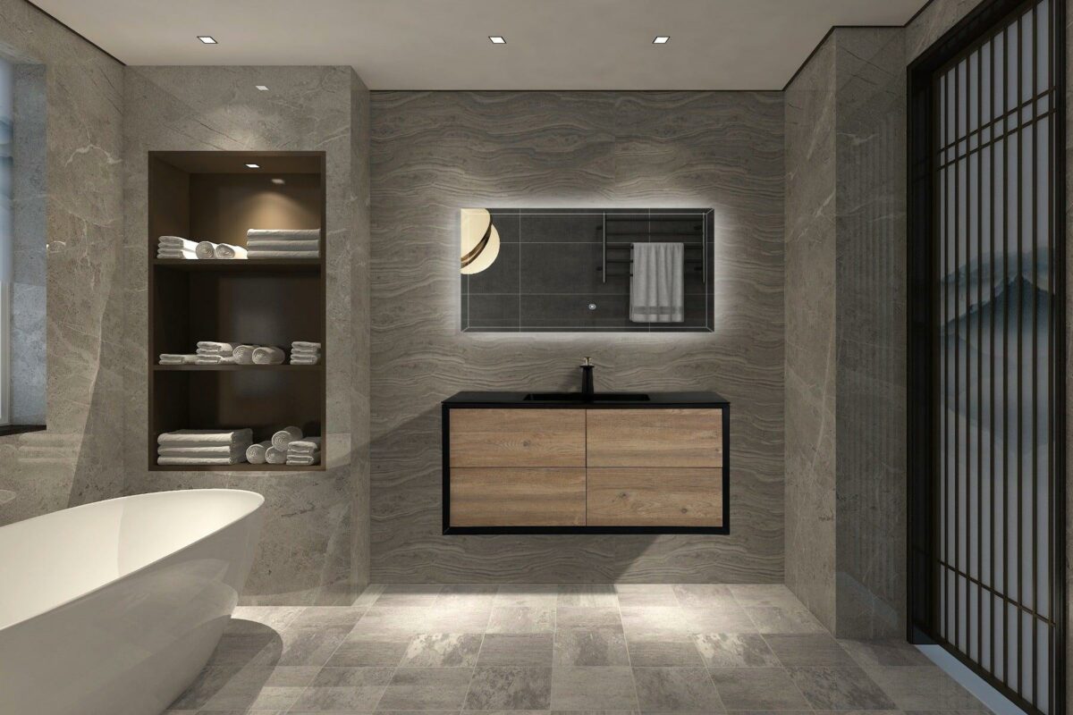 48" Black & Rough Oak Wall Mount Single Sink Bathroom Vanity with Black Engineered Quartz Countertop - Image 7