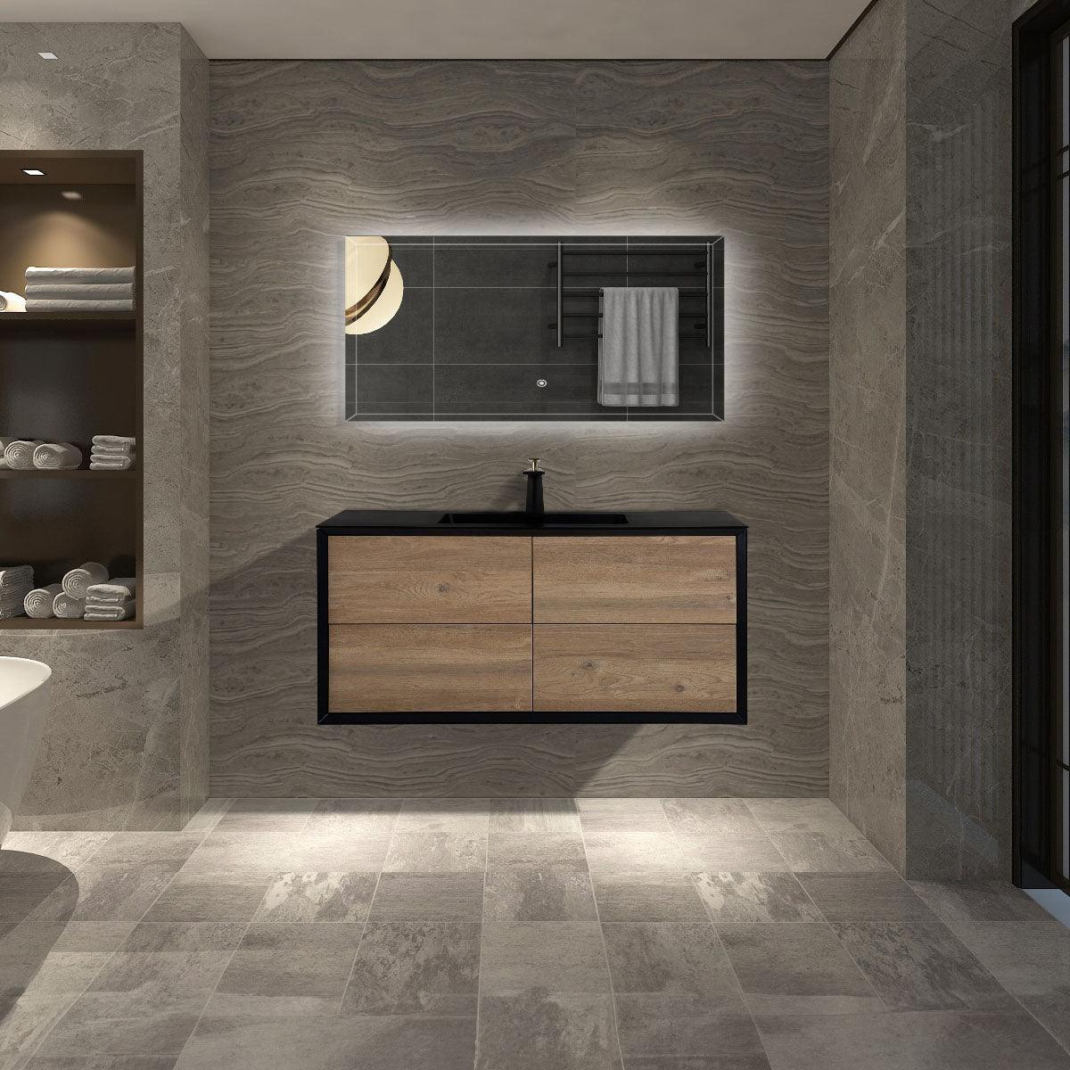 fleur-48_1s 48" Black & Rough Oak Wall Mount Single Sink Bathroom Vanity with Black Engineered Quartz Countertop - Image 1