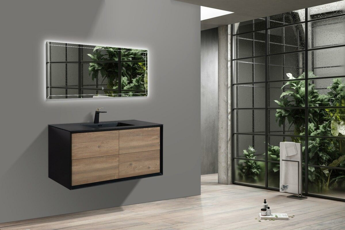 48" Black & Rough Oak Wall Mount Single Sink Bathroom Vanity with Black Engineered Quartz Countertop - Image 6