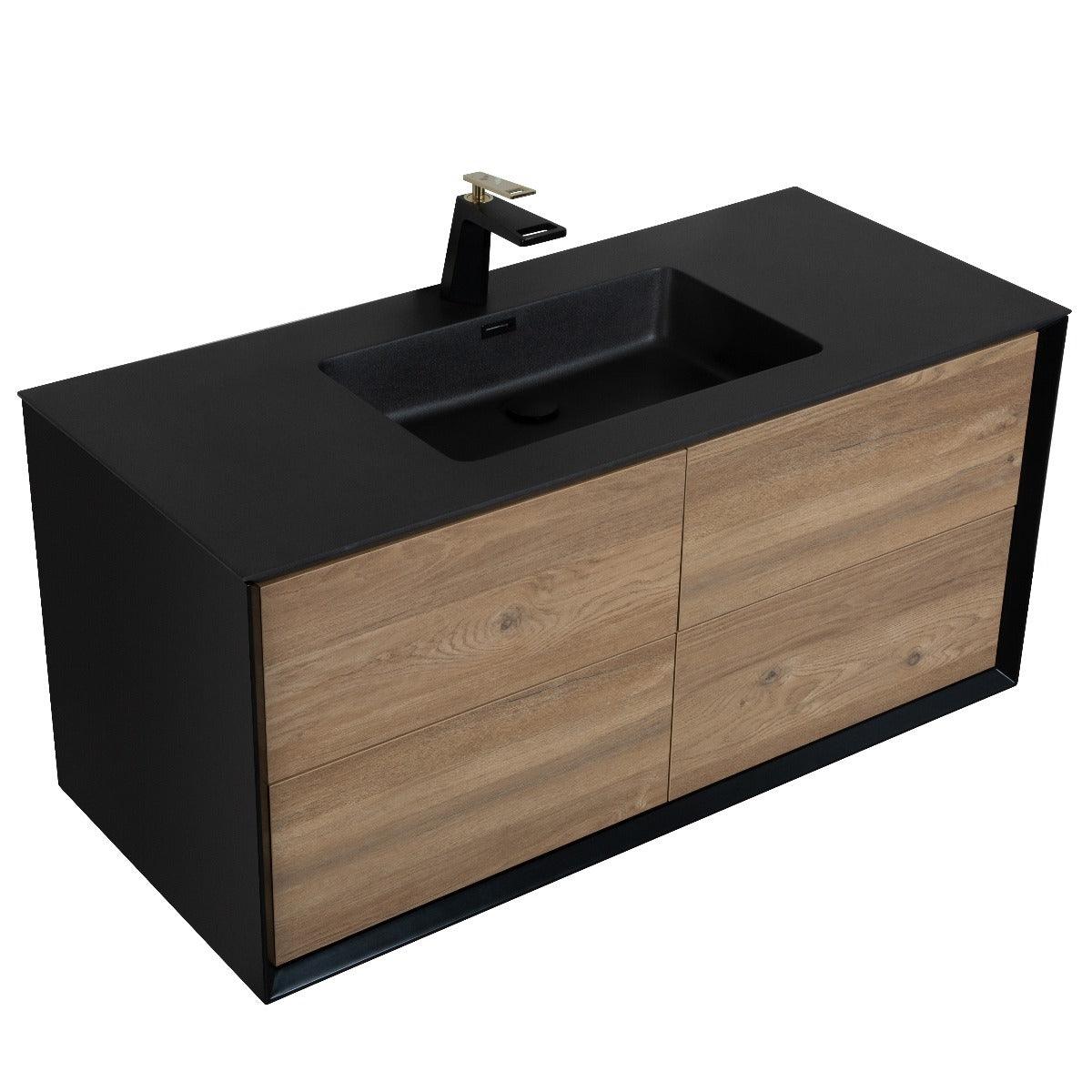 48" Black & Rough Oak Wall Mount Single Sink Bathroom Vanity with Black Engineered Quartz Countertop – Image 3