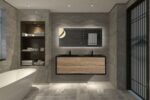 60" Black & Rough Oak Wall Mount Double Sink Bathroom Vanity with Black Engineered Quartz Countertop - Image 7