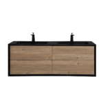 60" Black & Rough Oak Wall Mount Double Sink Bathroom Vanity with Black Engineered Quartz Countertop - Image 2