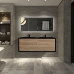 60" Black & Rough Oak Wall Mount Double Sink Bathroom Vanity with Black Engineered Quartz Countertop