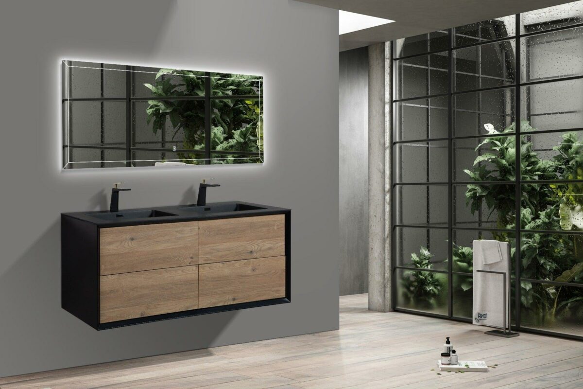 60" Black & Rough Oak Wall Mount Double Sink Bathroom Vanity with Black Engineered Quartz Countertop - Image 6