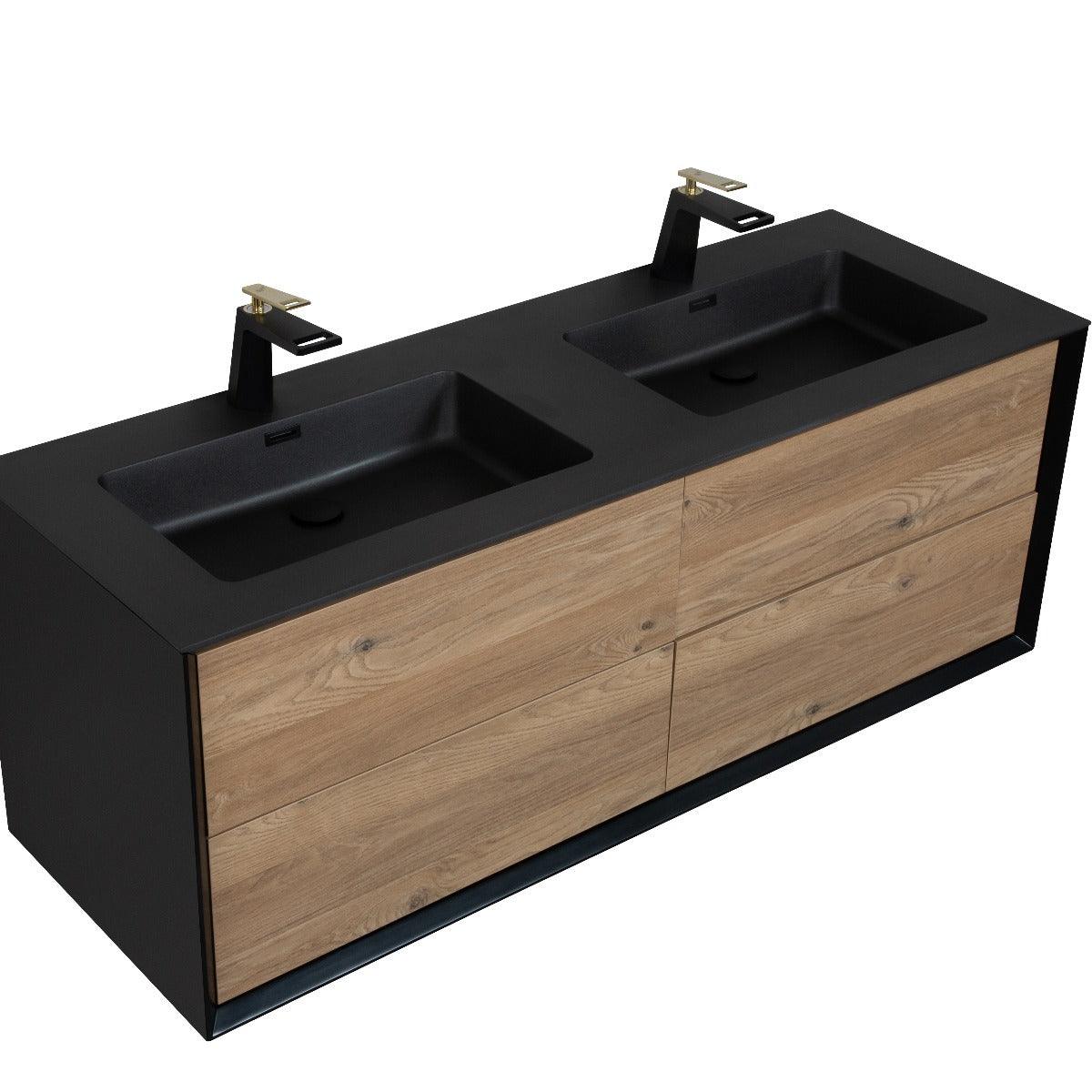 60" Black & Rough Oak Wall Mount Double Sink Bathroom Vanity with Black Engineered Quartz Countertop - Image 3